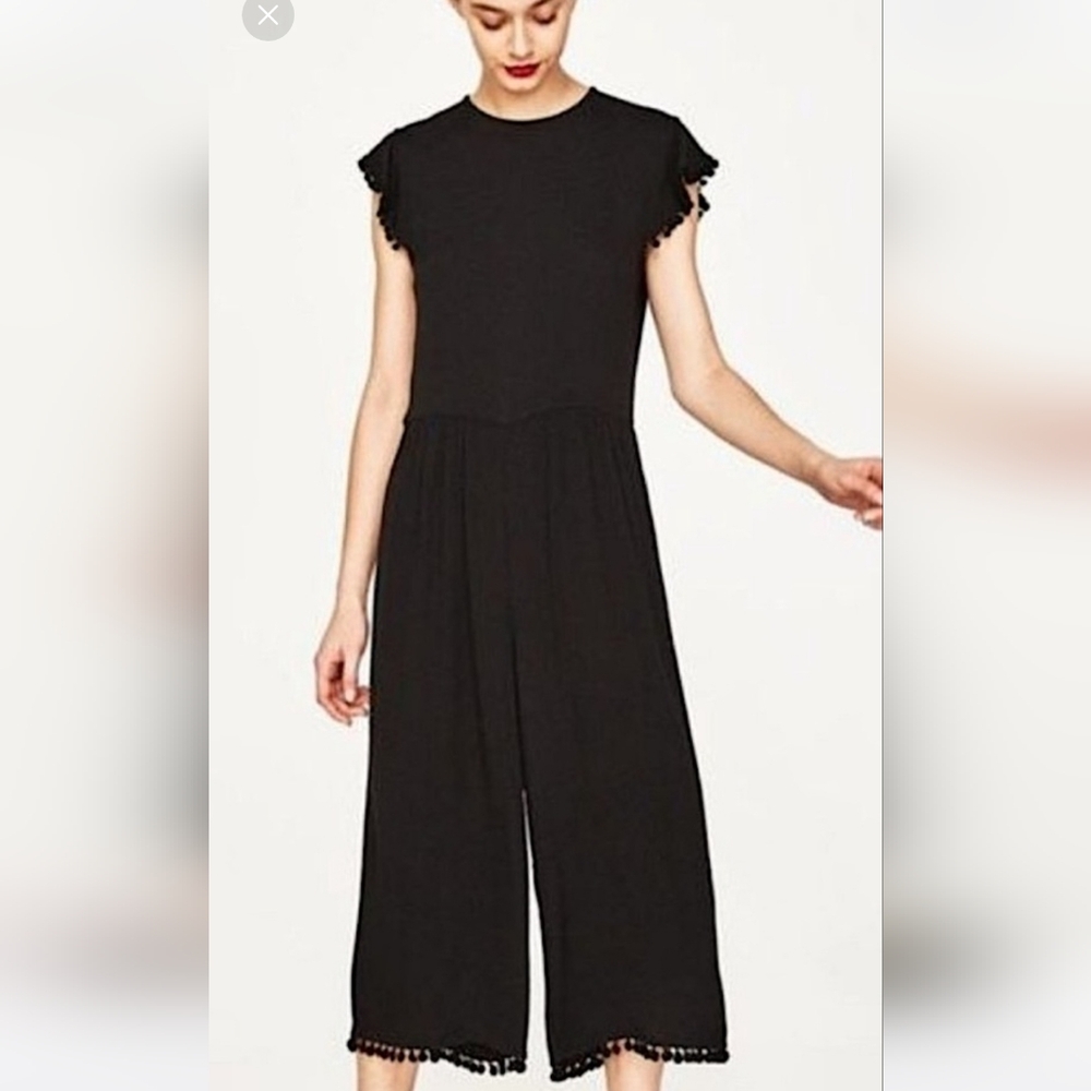 Zara Cropped Black Jumpsuit With Pompom Details